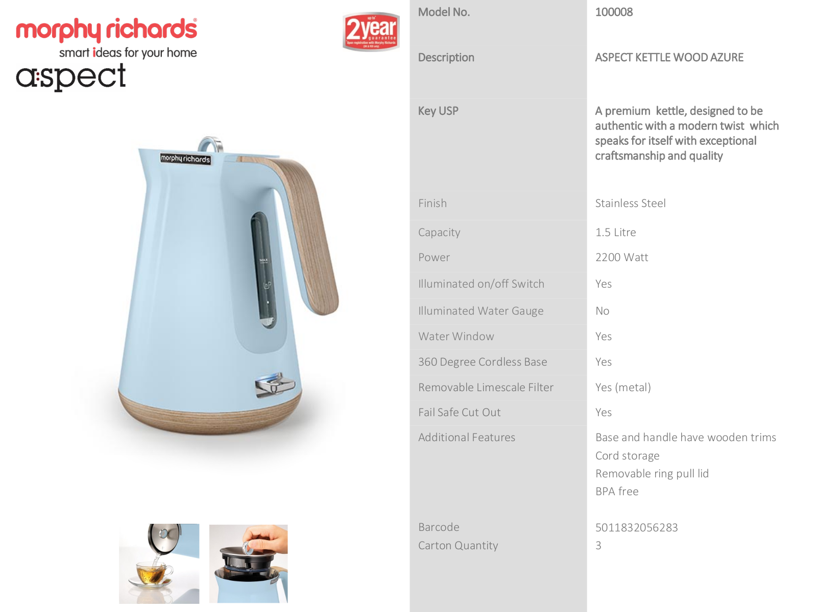 Morphy Richards 240008100008, 100008 Specifications Sheet