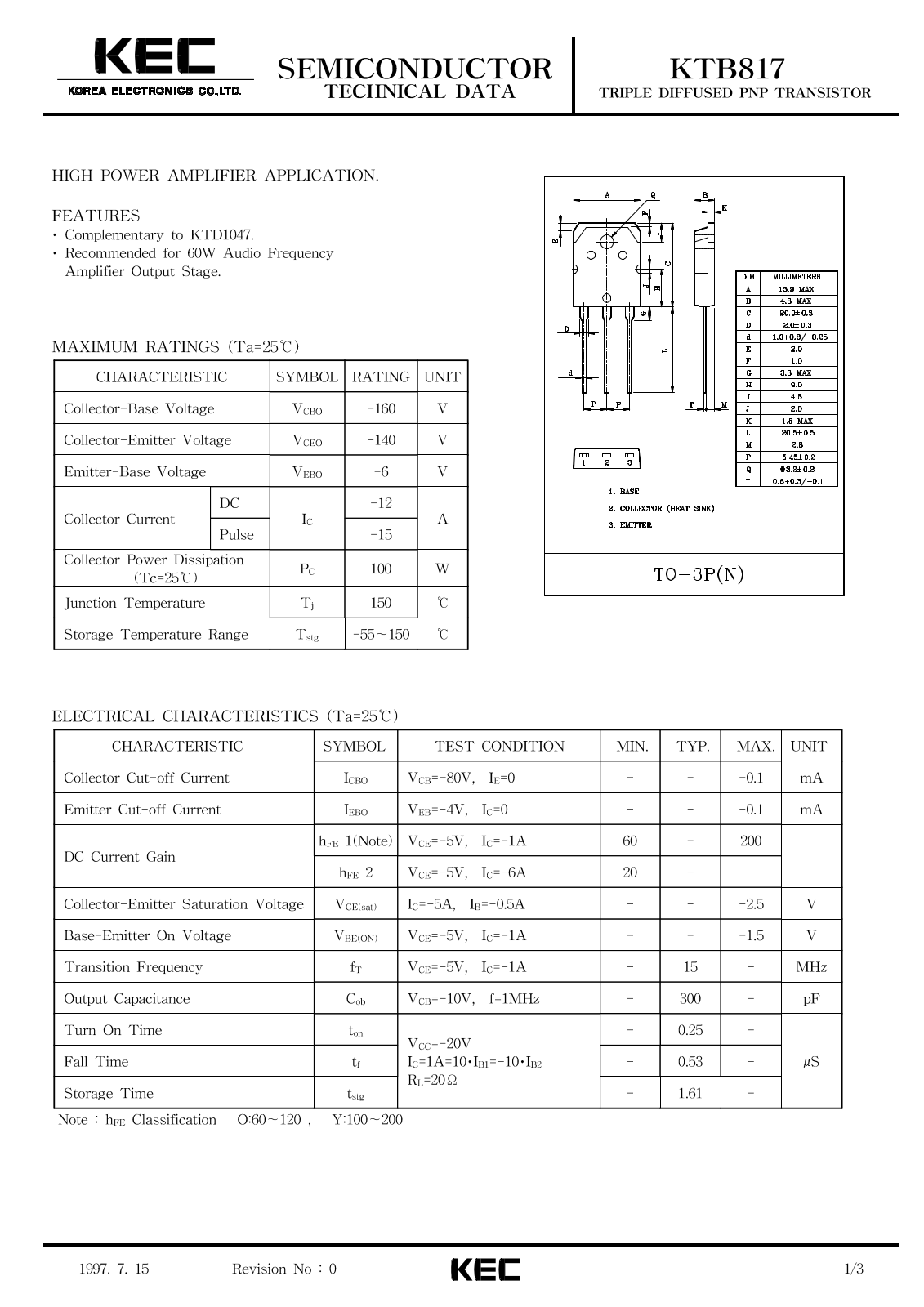 KEC KTB817 Datasheet