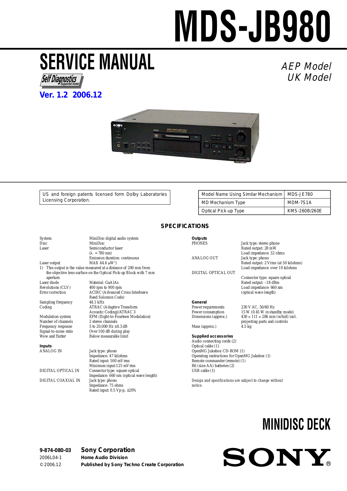 Sony MDS-JE980 Service Manual