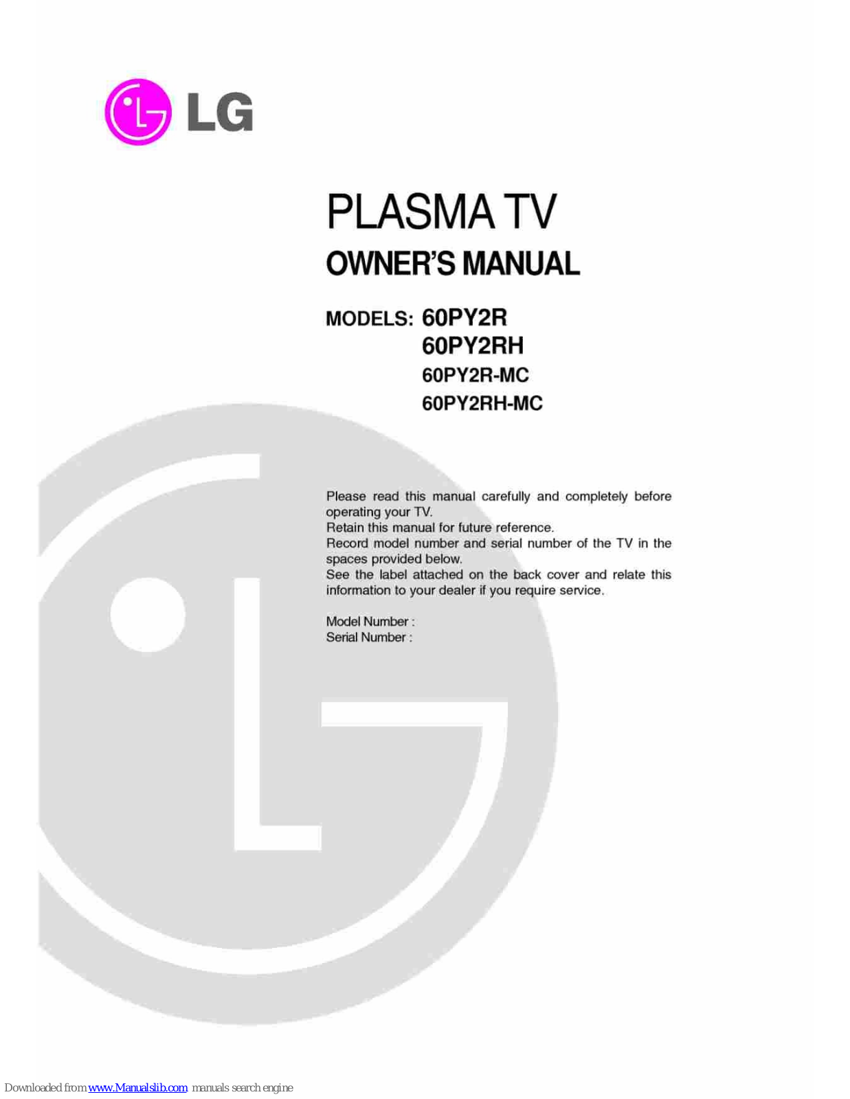 LG 60PY2RH-MC, 60PY2RH, 60PY2R-MC Owner's Manual