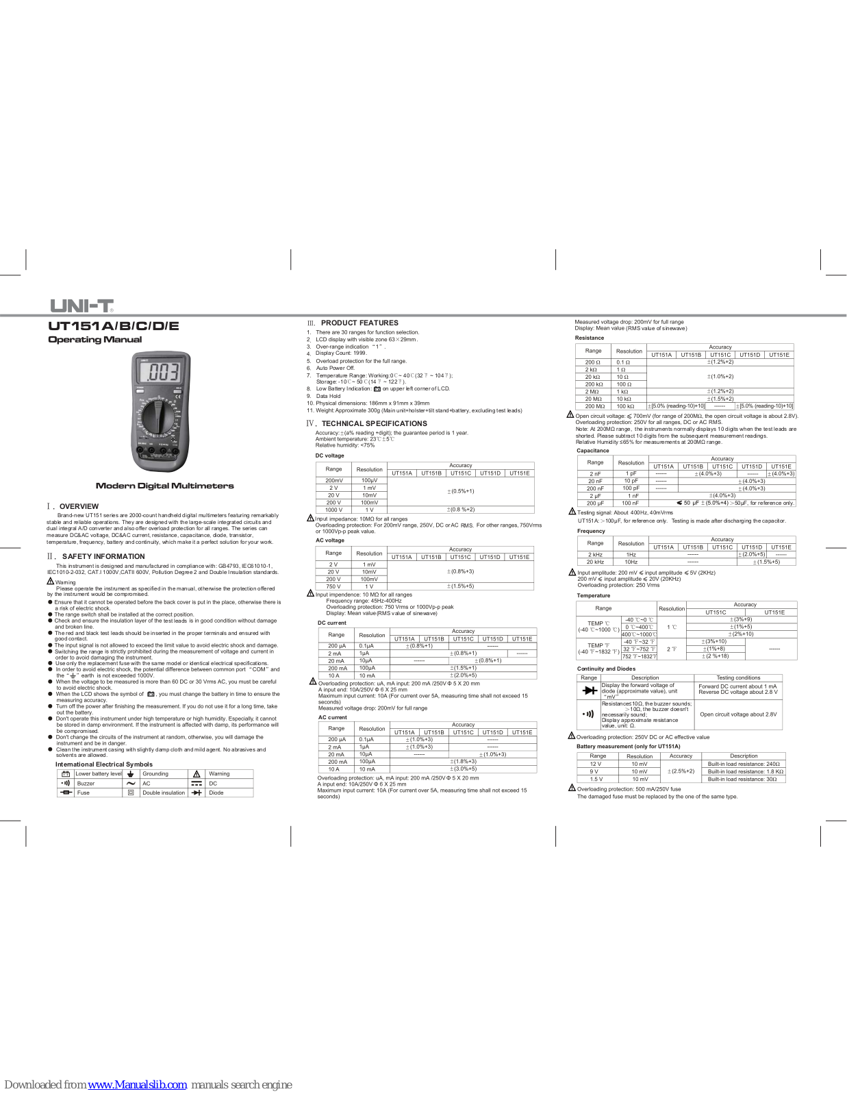 UNI-T UT151D, UT151B, UT151A, UT151C, UT151E Operating Manual