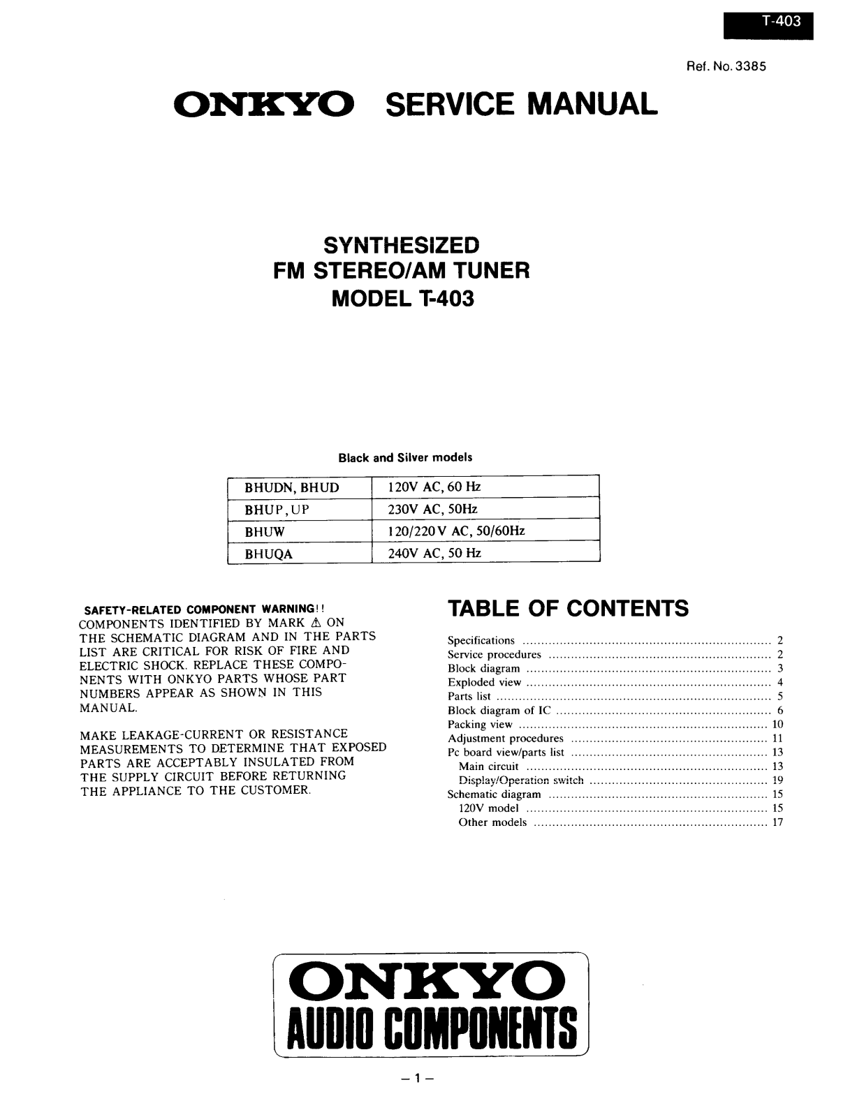 Onkyo T-403 Service manual