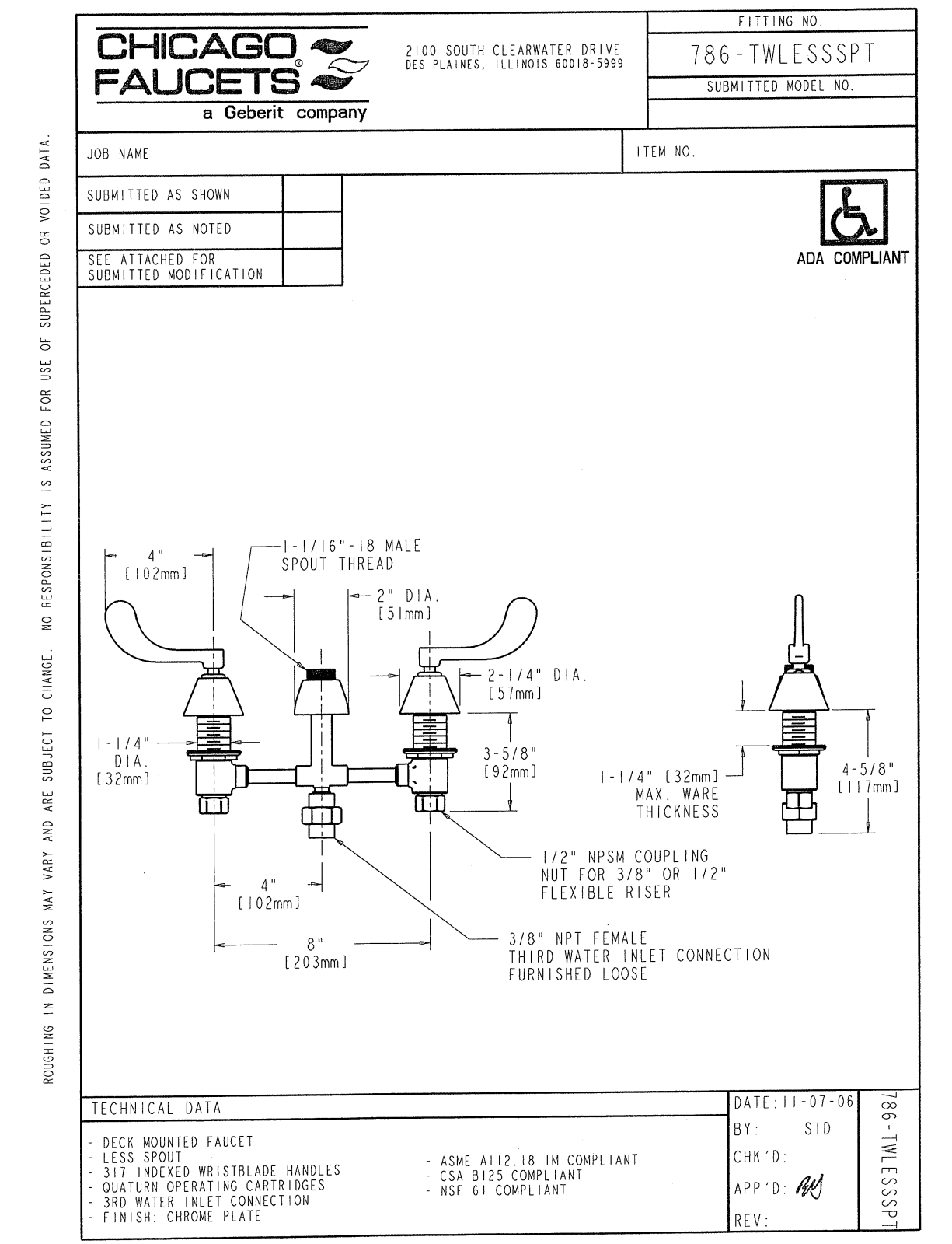 Chicago Faucet 786-TWLESSSPTCP User Manual