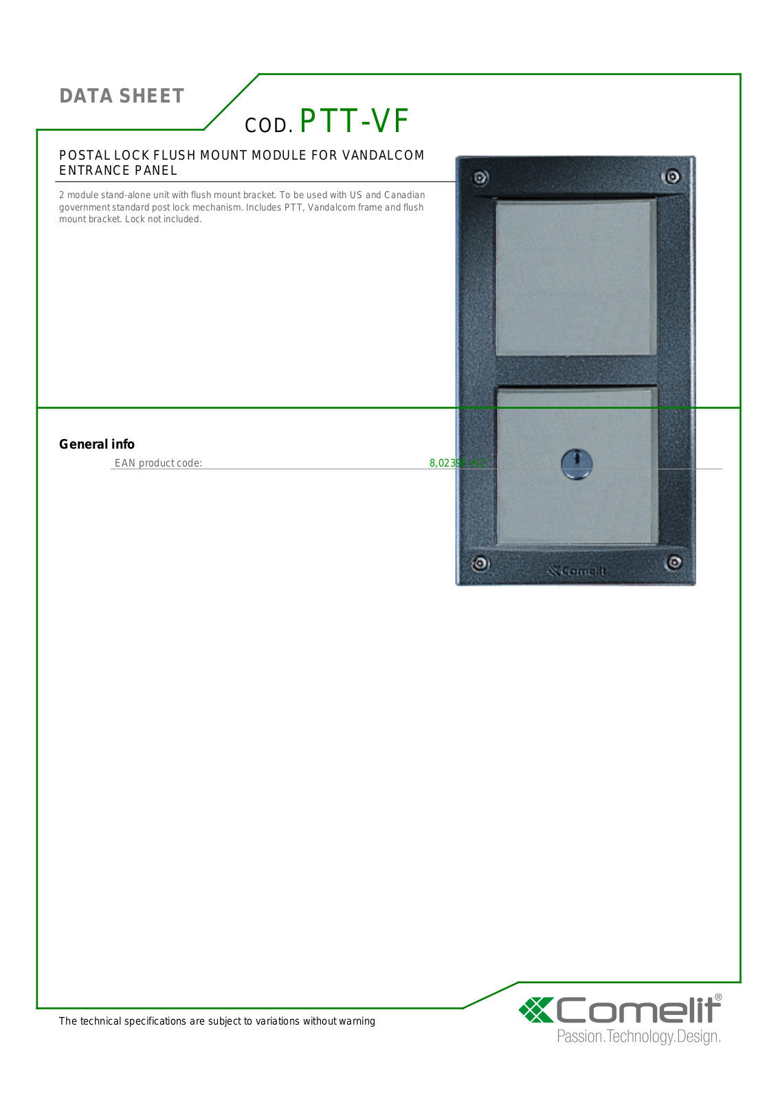 Comelit PTT-VF Specsheet