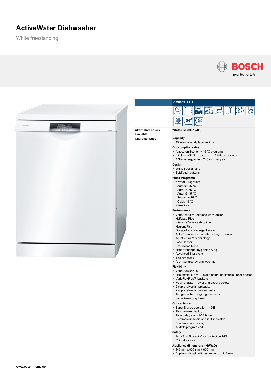 Bosch SMS69T12AU Specifications Sheet