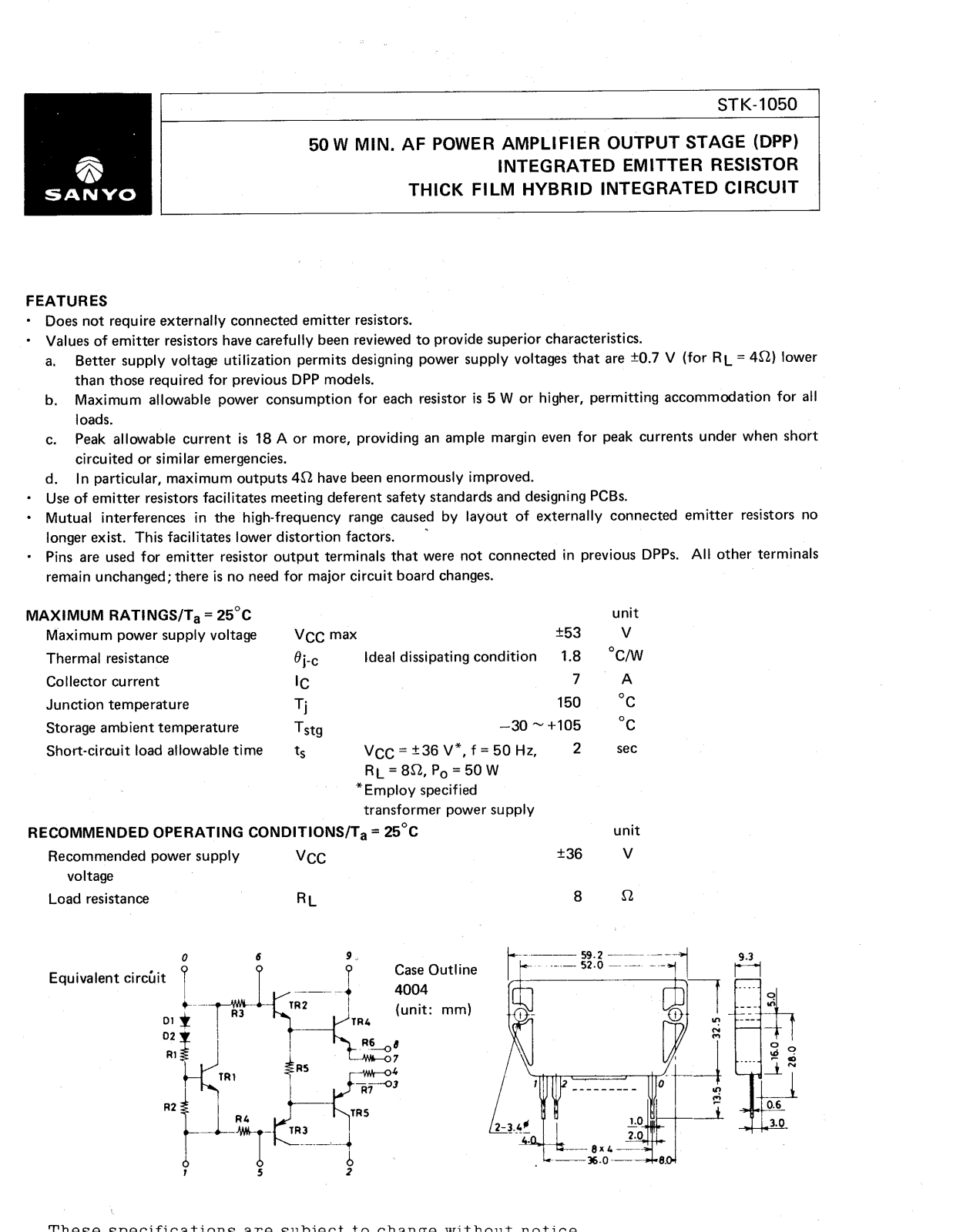 SANYO STK-1050 Datasheet