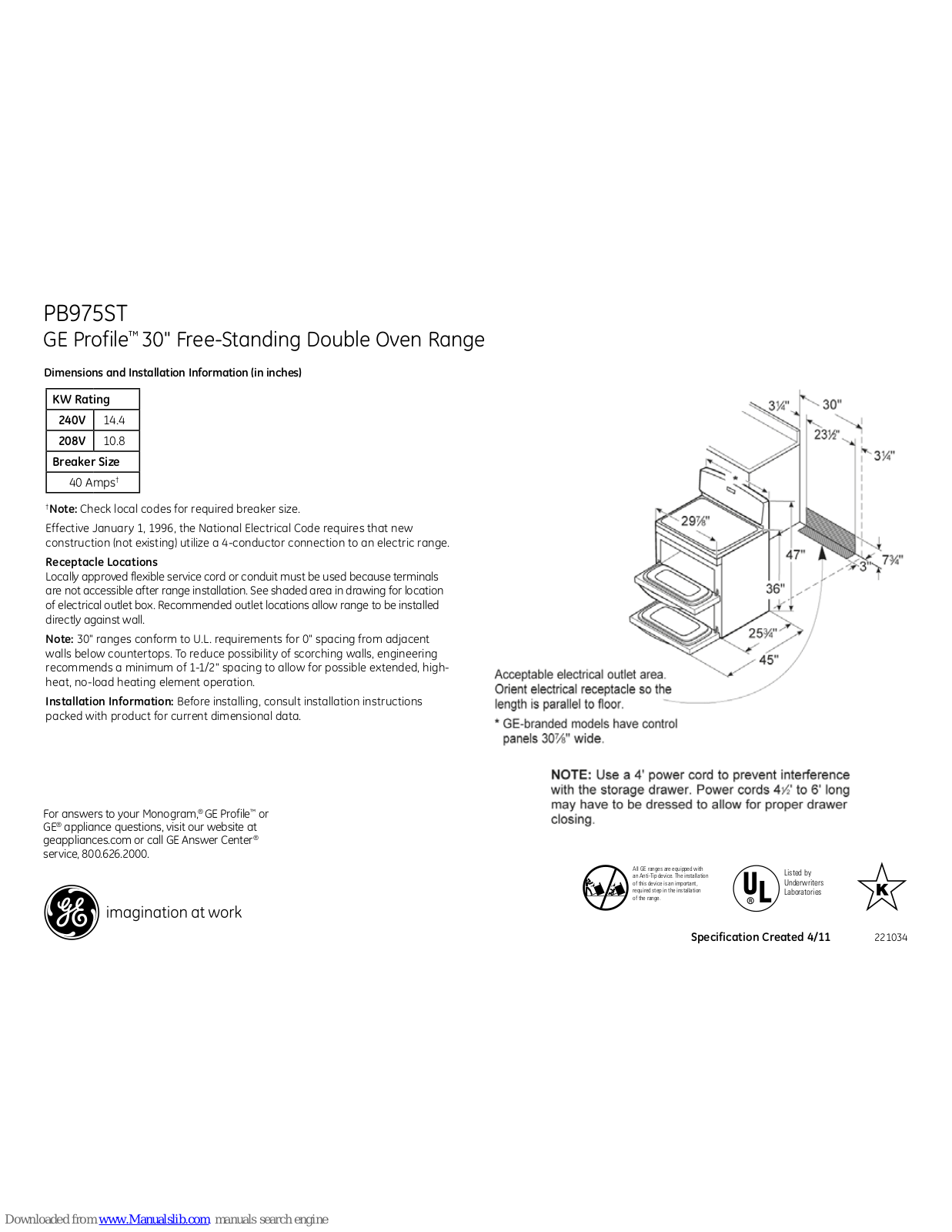 GE Profile PB975STSS, Profile PB975ST Dimensions And Installation Information