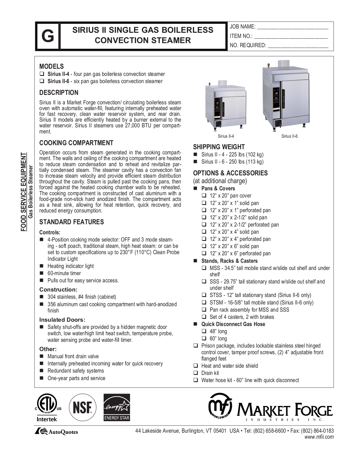 Market Forge SIRIUS II-4 User Manual