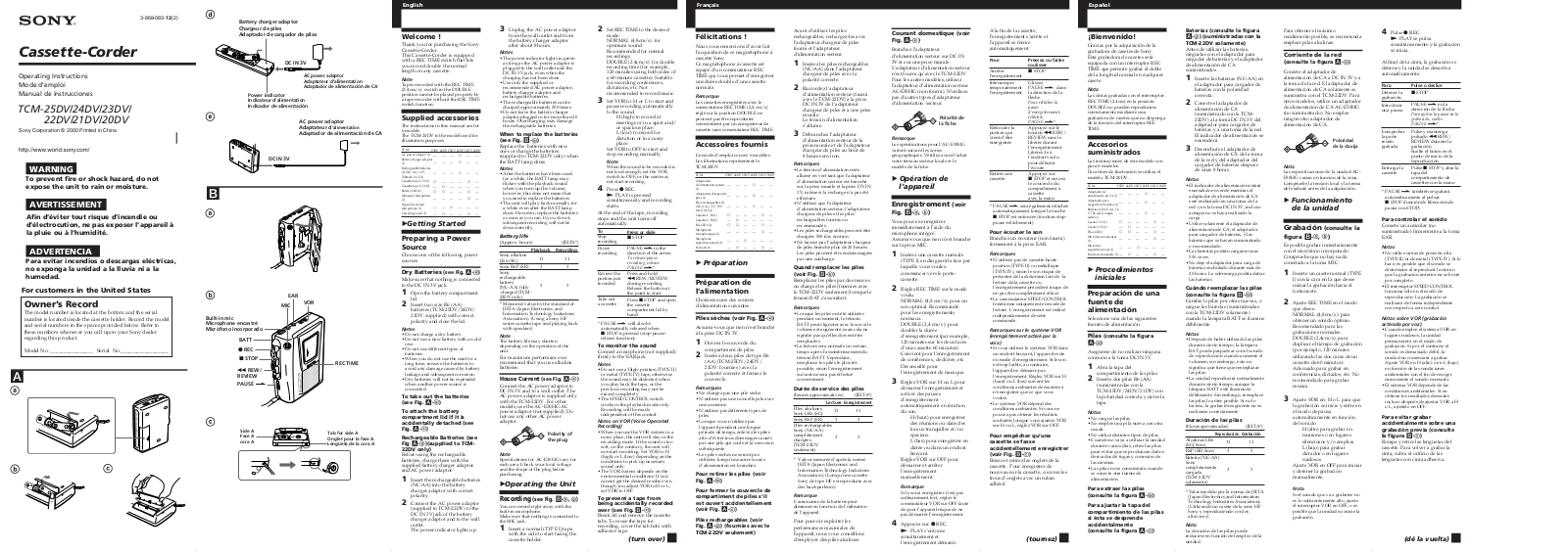 Sony TCM-25DV, TCM-23DV, TCM-22DV, TCM-21DV, TCM-20DV operating Manual