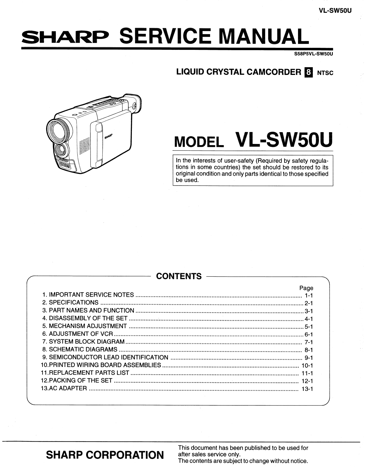 SHARP VL-SW50, VL-SW50U Service Manual