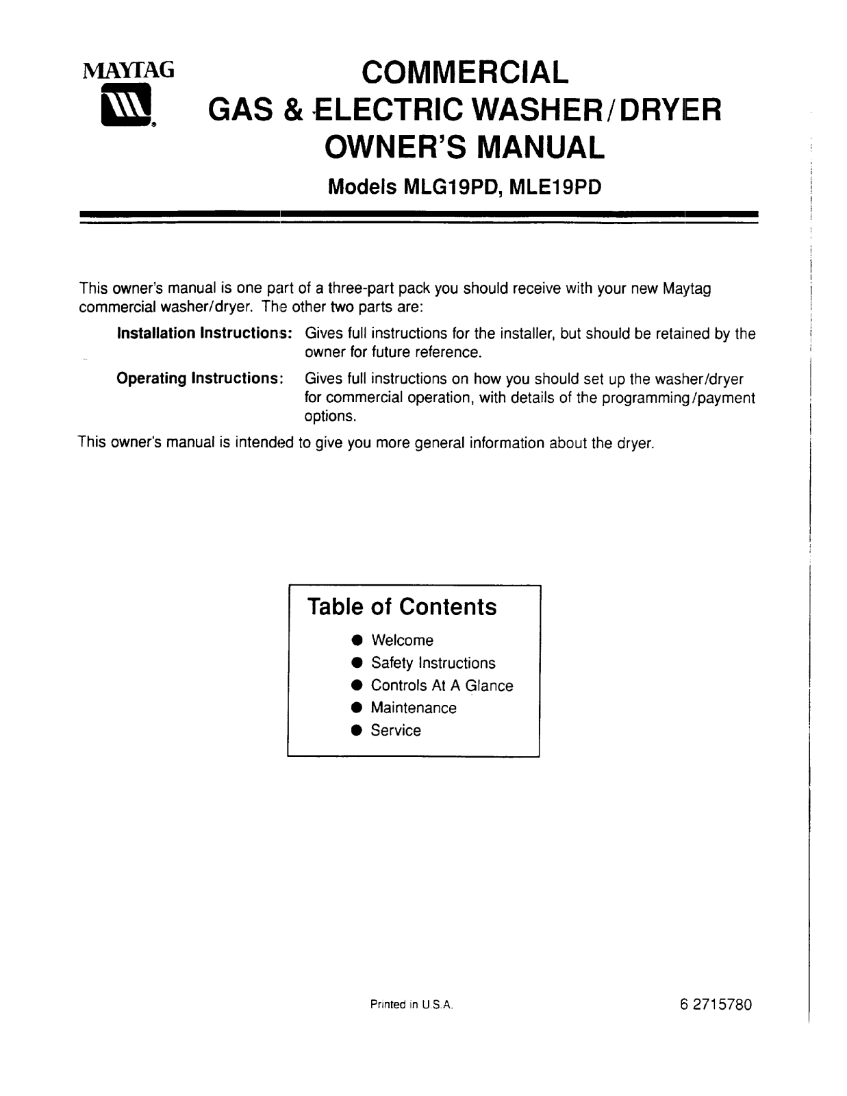 Whirlpool MLG19PD, MLE19PD Owner's Manual