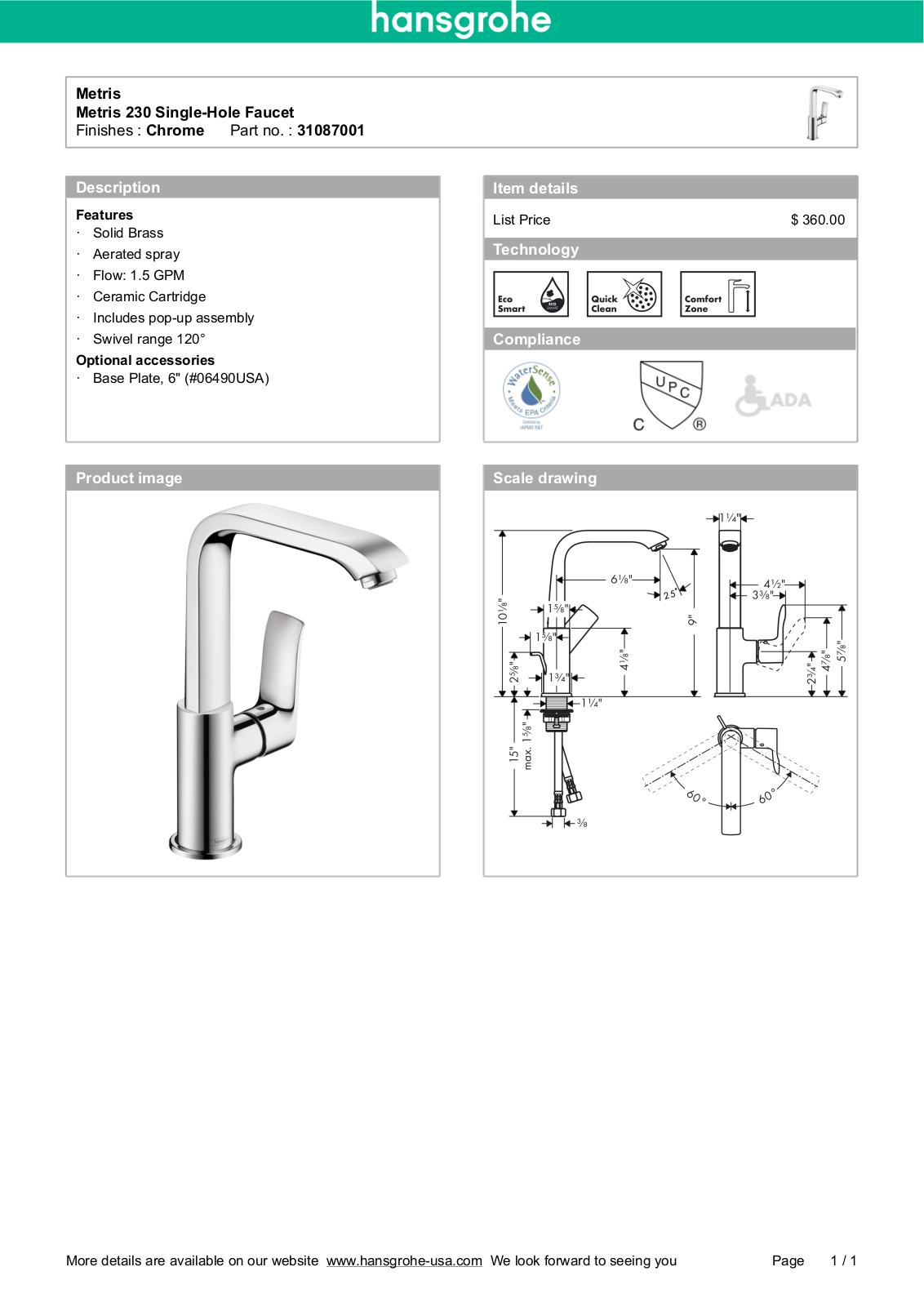 Hansgrohe 31087001 Specs