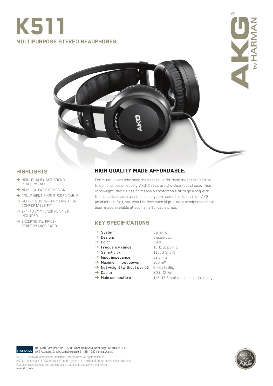 AKG K 511 Data sheet