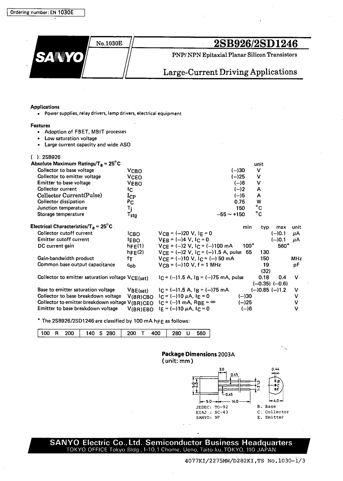 SANYO 2SD1246, 2SB926 Datasheet