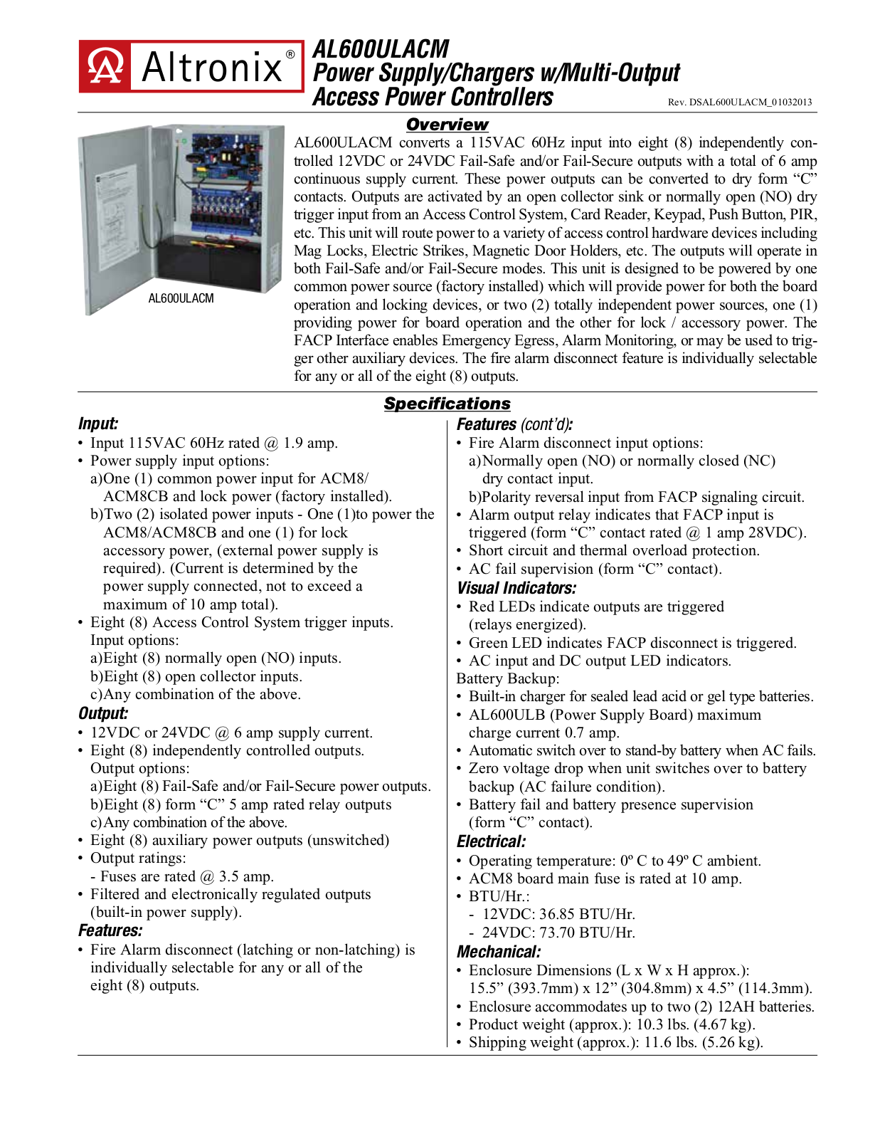 Altronix AL600ULACM Specsheet