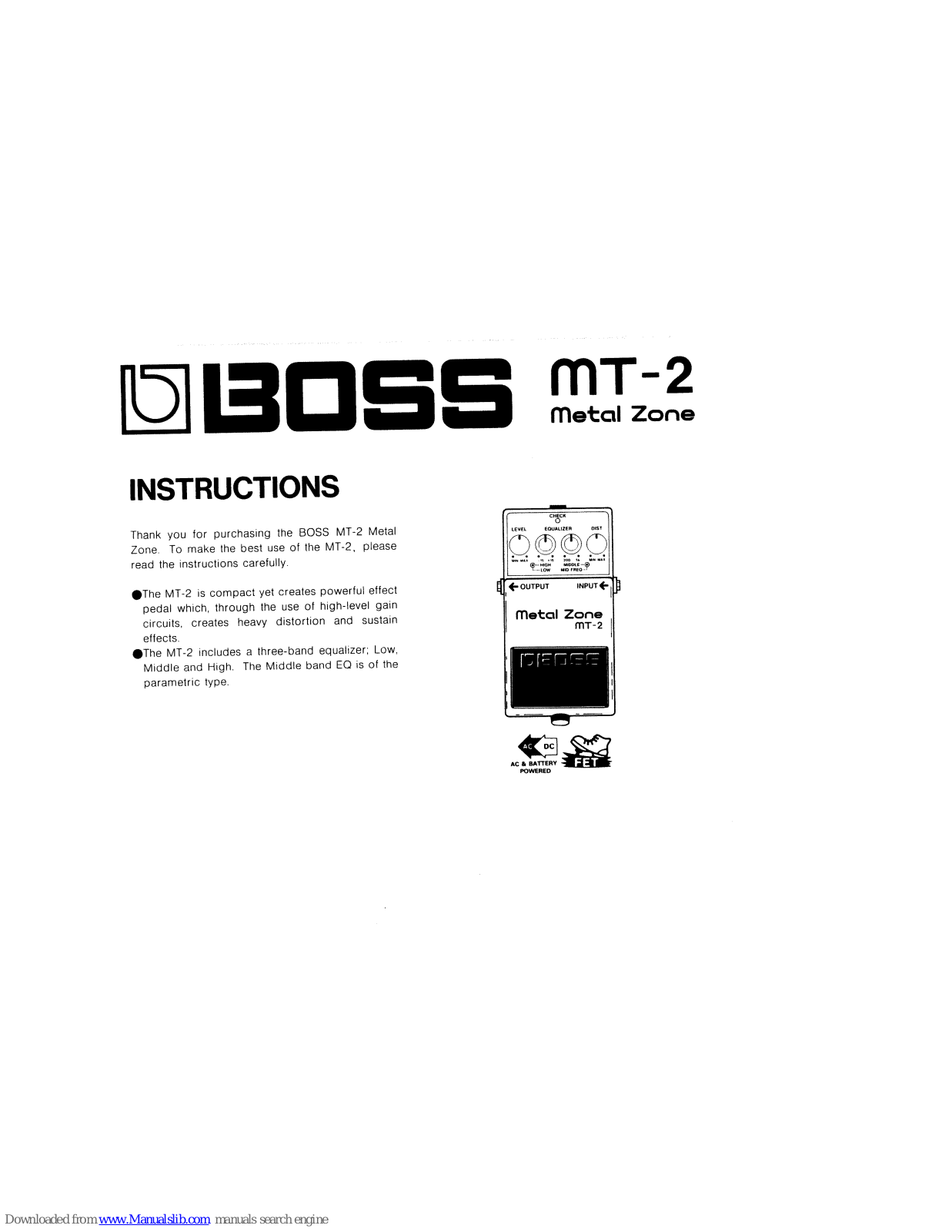 Boss MT-2 Metal Zone Instructions Manual