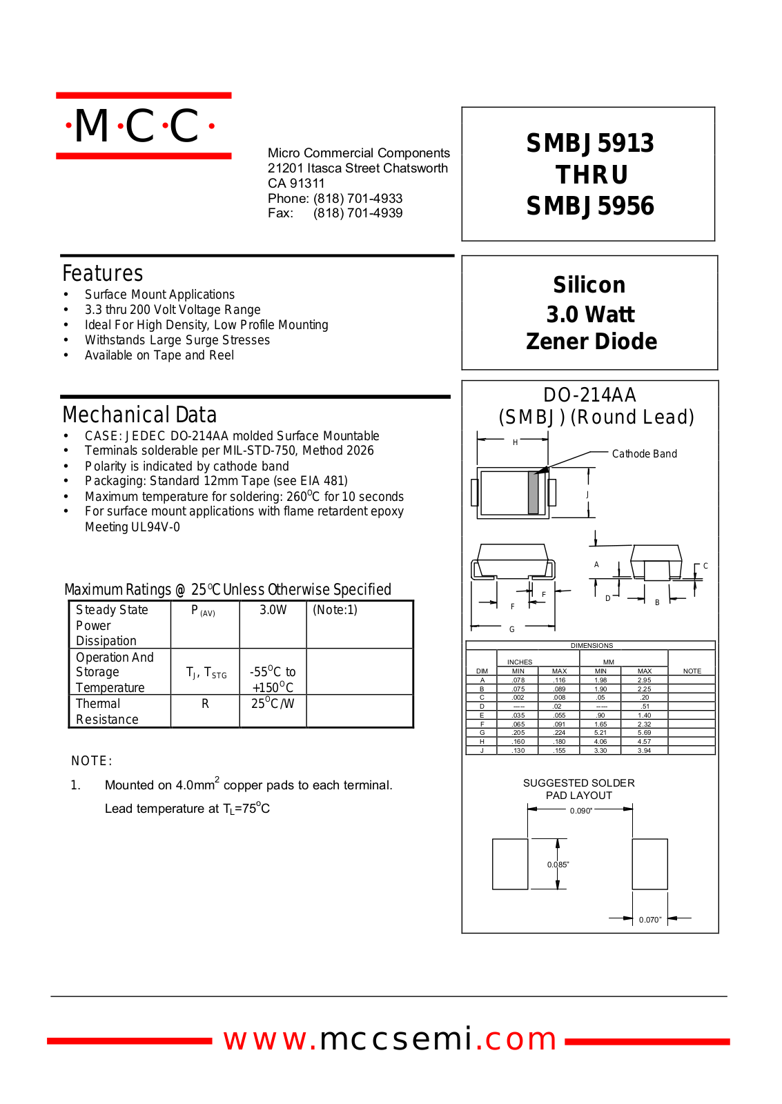 MCC SMBJ5913, SMBJ5927, SMBJ5914, SMBJ5915, SMBJ5918 Datasheet