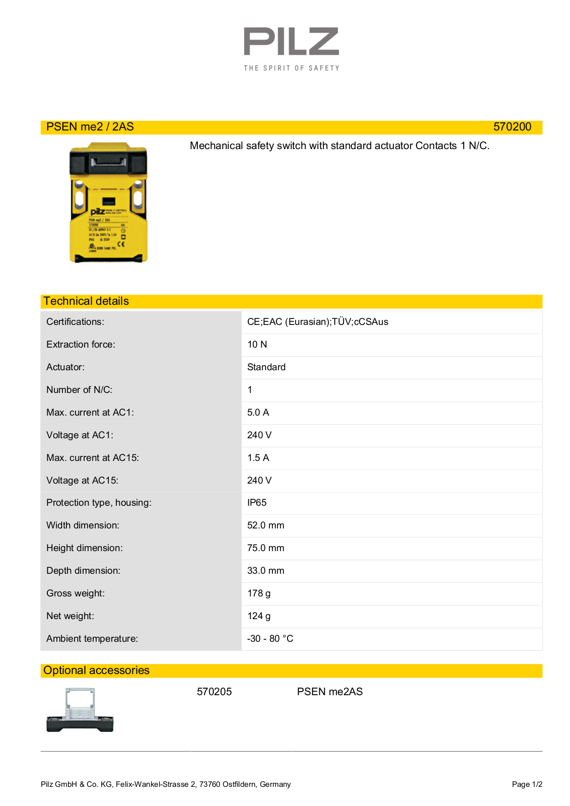 Pilz 570200 Data Sheet