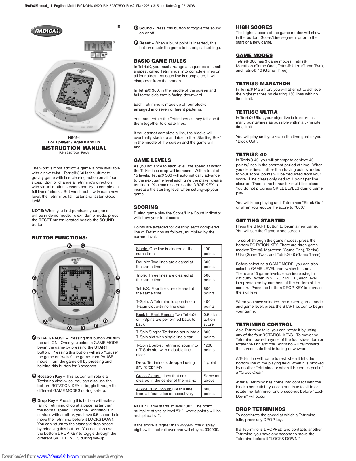 Radica Games N9494, Tetris 360 Instruction Manual