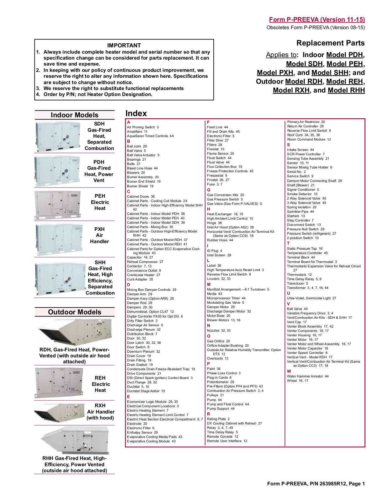 Reznor PDH150 Parts List