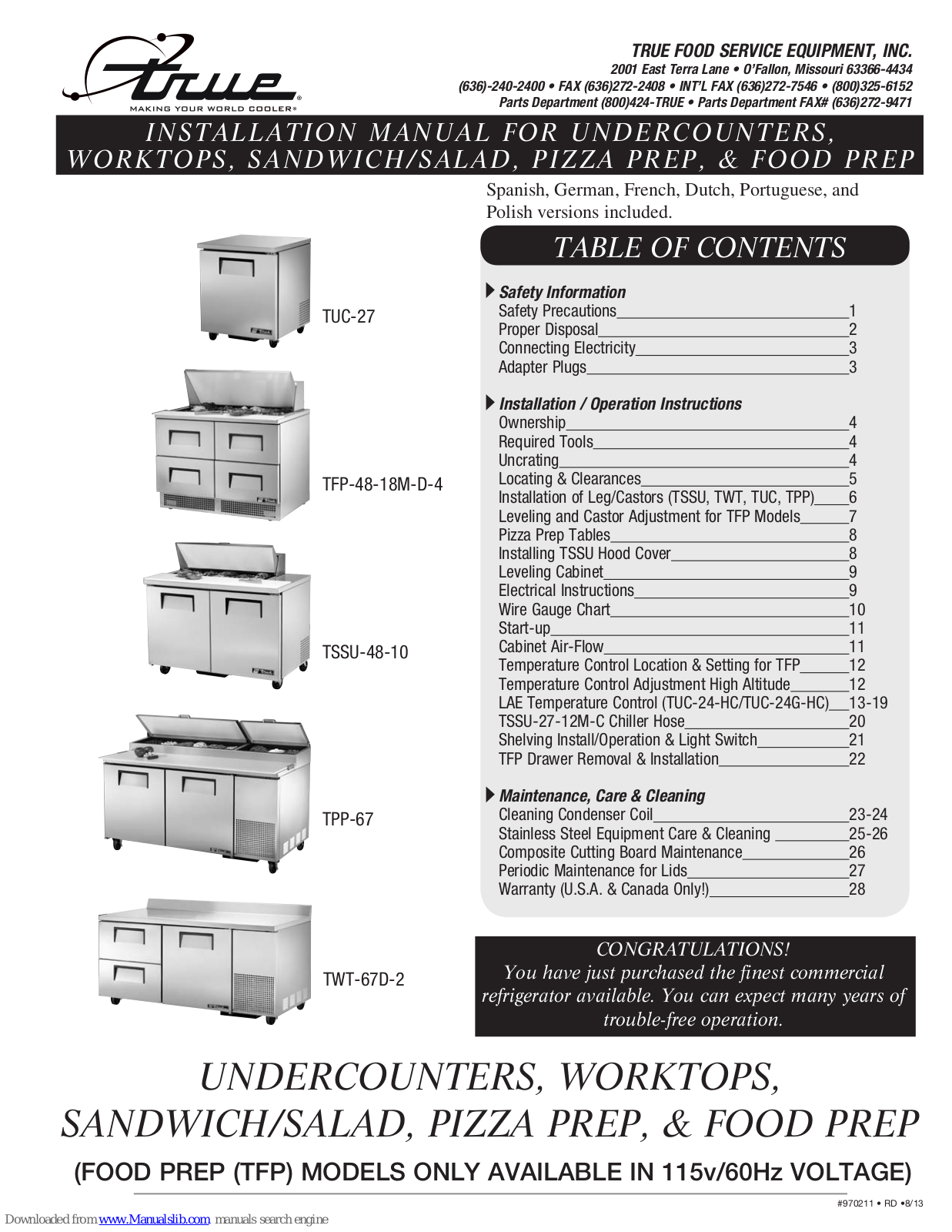 True TUC-27, TWT-67D-2, TFP-48-18M-D-4, TSSU-48-10, TPP-67 Installation Manual