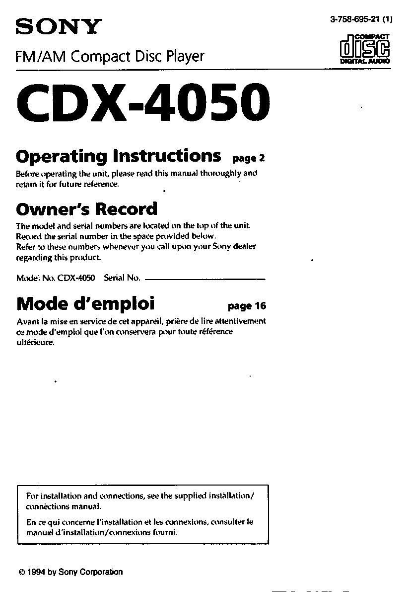 Sony CD-X4050 User Manual