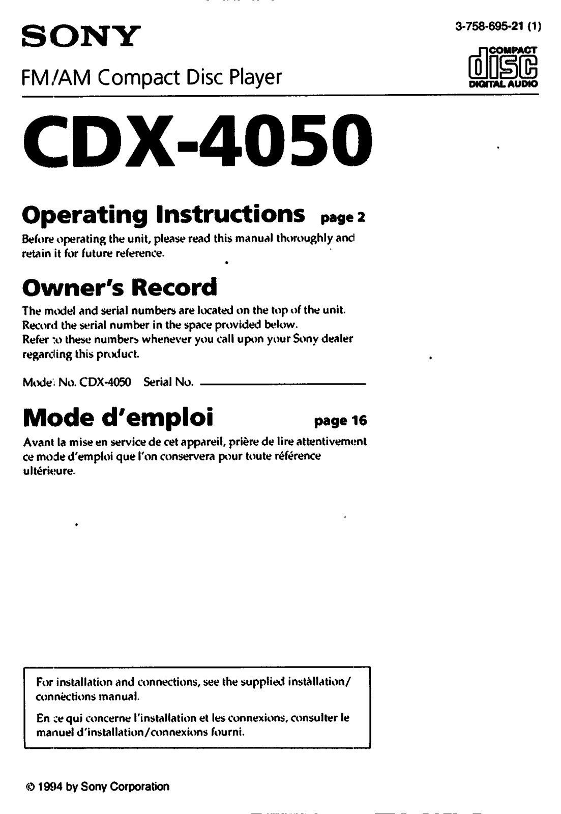 Sony CD-X4050 User Manual