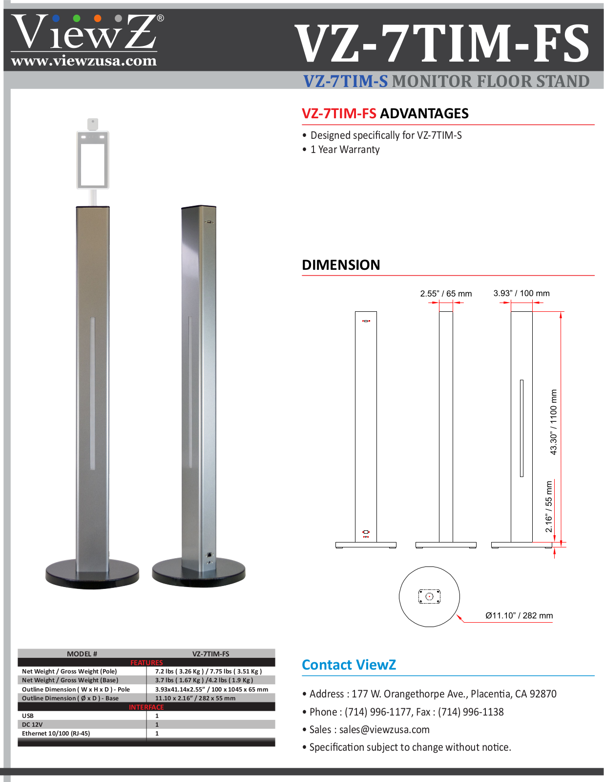 ViewZ VZ-7TIM-FS Specsheet