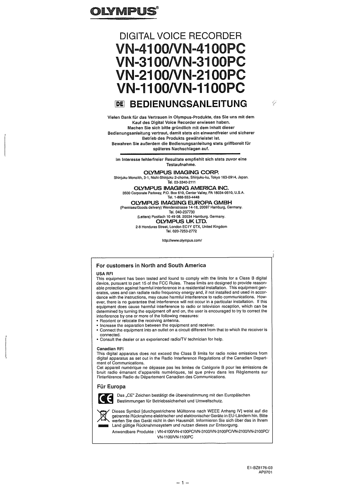 Olympus VN-4100, VN-4100PC, VN-3100, VN-3100PC, VN-2100 User guide