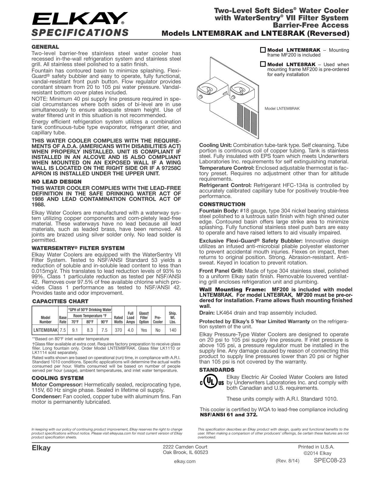 Elkay LNTEM8RAK Specifications