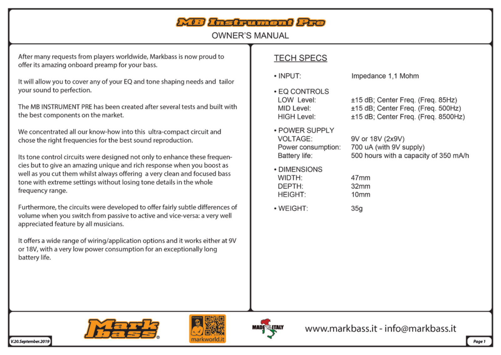 Markbass MB Instrument PRO User Manual