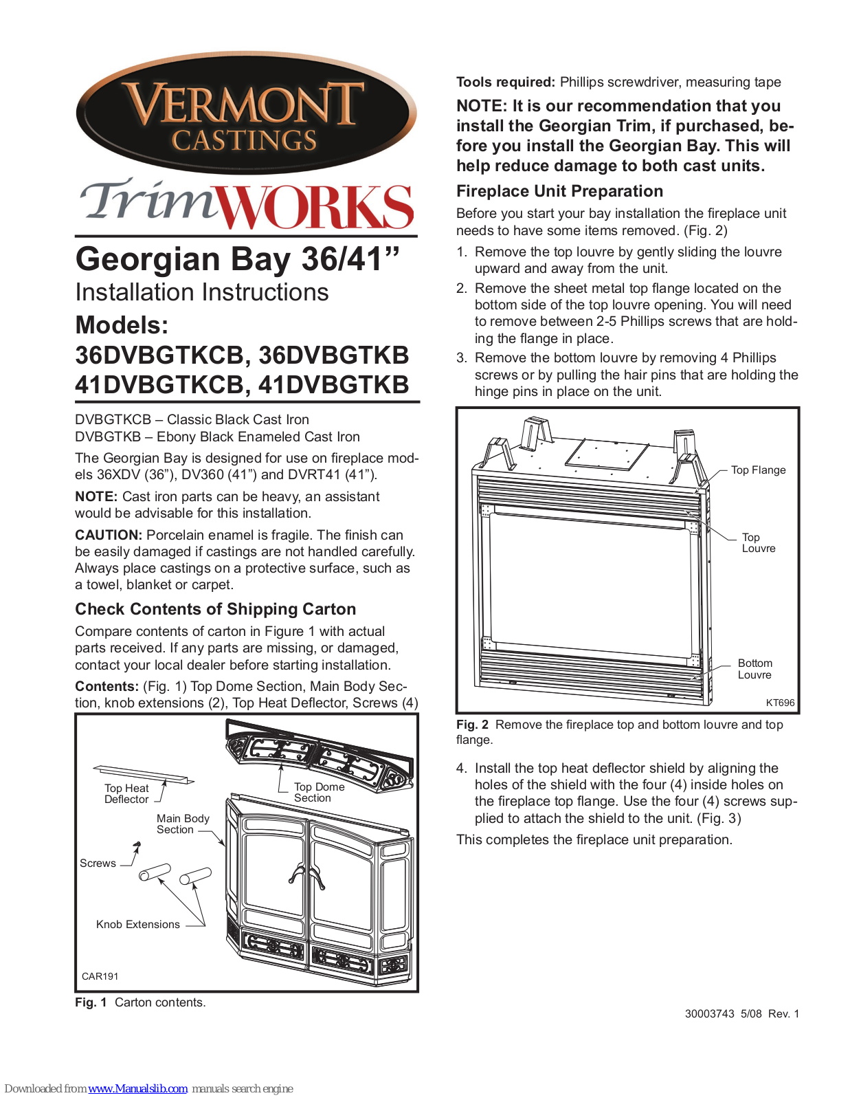 Vermont Castings TrimWorks 36DVBGTKCB, TrimWorks 36DVBGTKB, TrimWorks 41DVBGTKCB, TrimWorks 41DVBGTKB Installation Instructions Manual