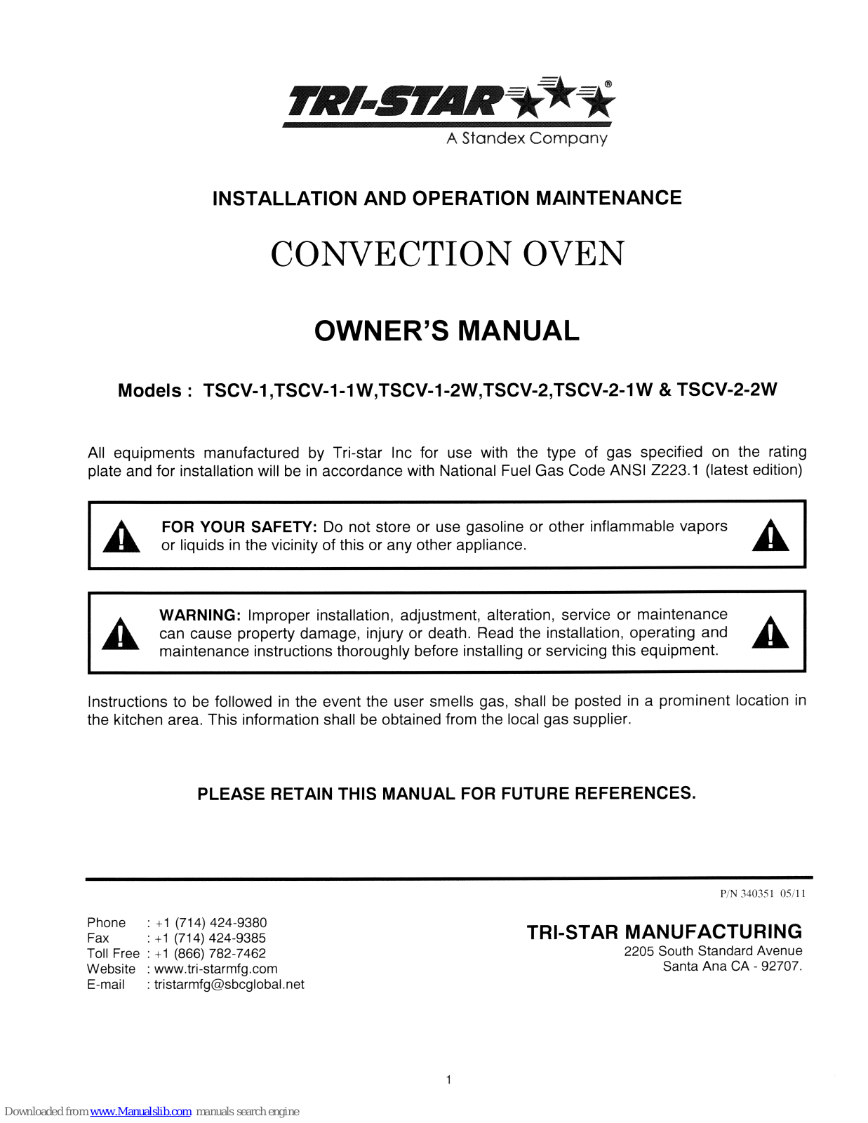 Tri-Star TSCV-1, TSCV-1-1W, TSCV-2, TSCV-1-2W, TSCV-2-1W Owner's Manual