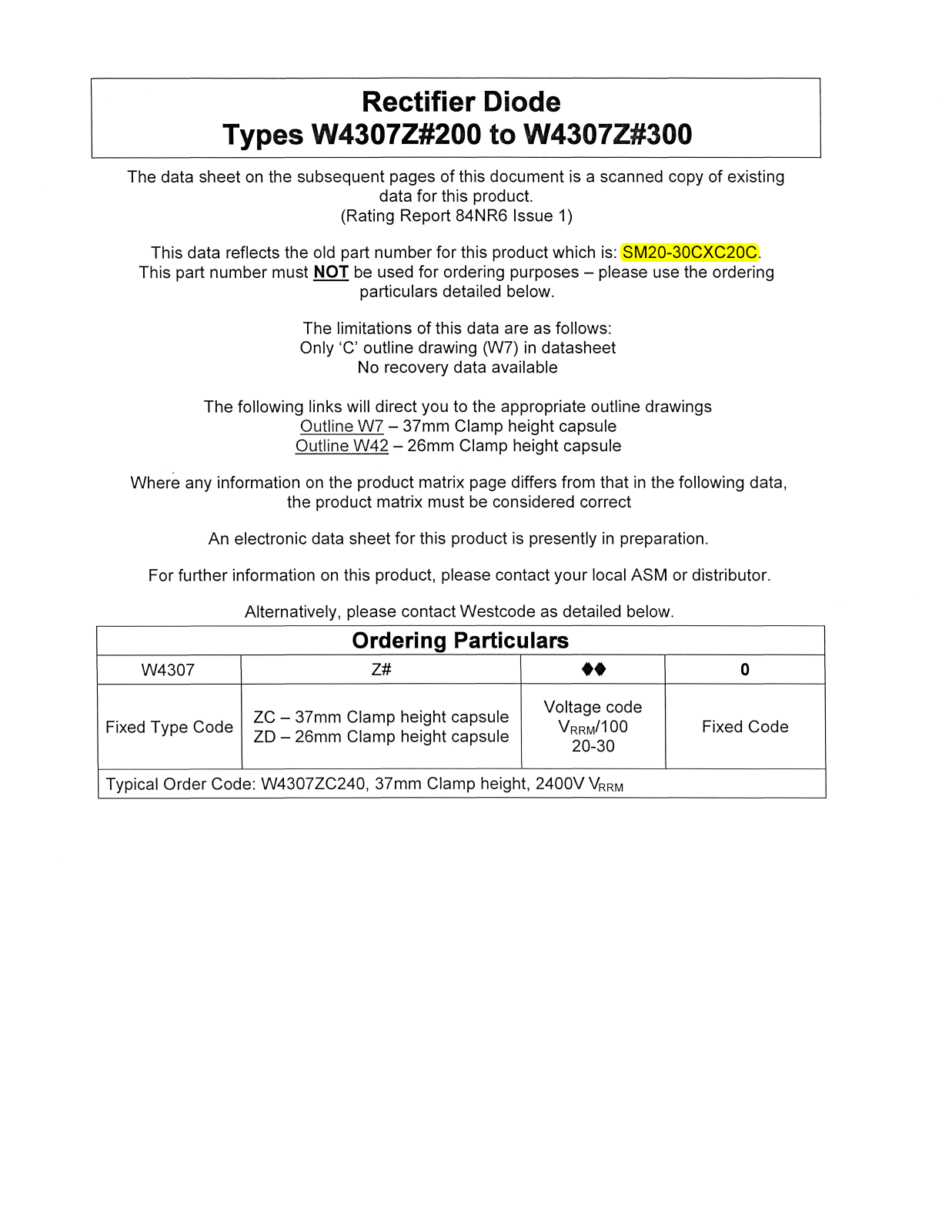 Datasheet W4307Z#200, W4307Z#300 Datasheet (Westcode Semiconductors) - ManualMachine.com