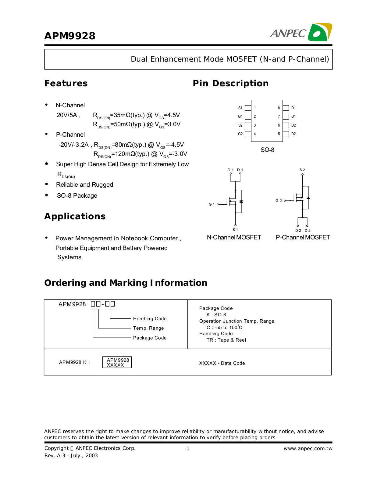 ANPEC APM9928KC-TR Datasheet