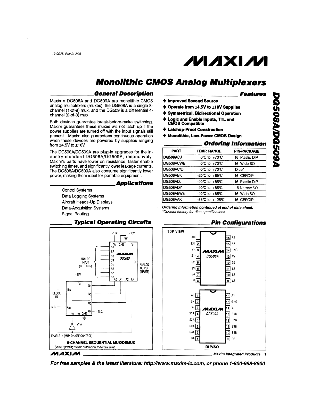 Maxim Integrated Producs DG508ACD, DG508ABK, DG508AAK, DG509ADJ, DG509ACWE Datasheet