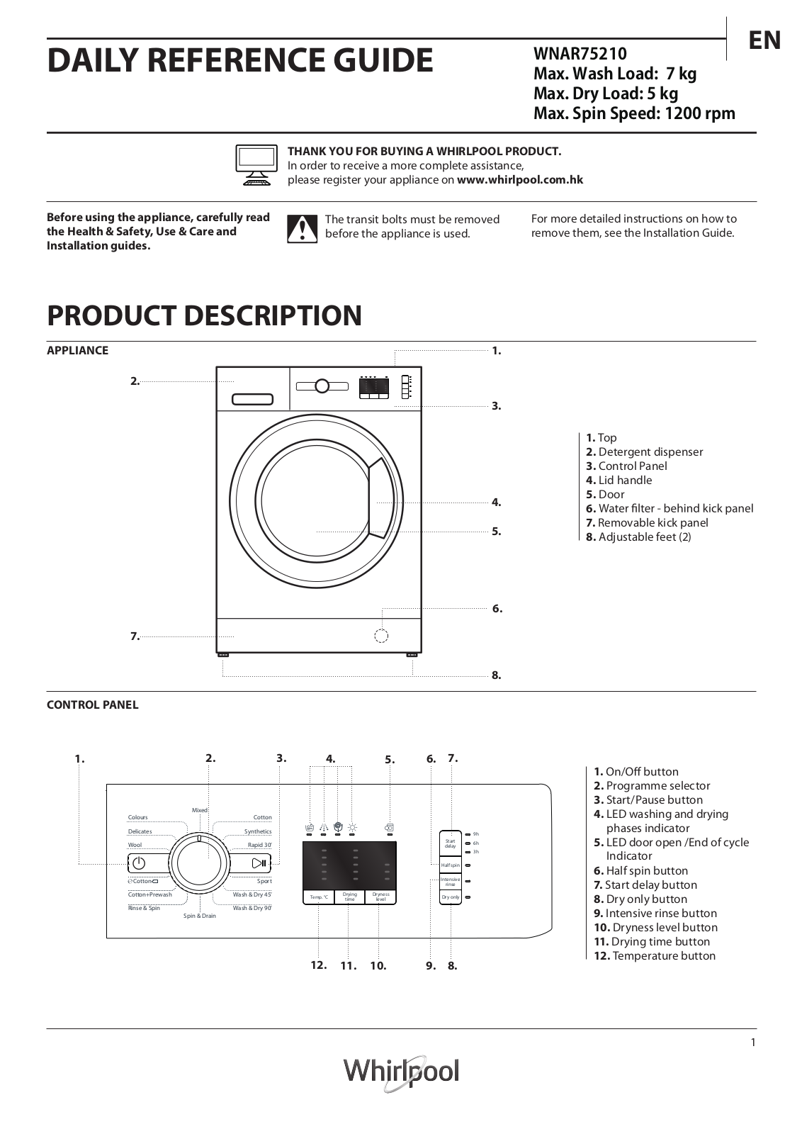 WHIRLPOOL WNAR75210 User Manual