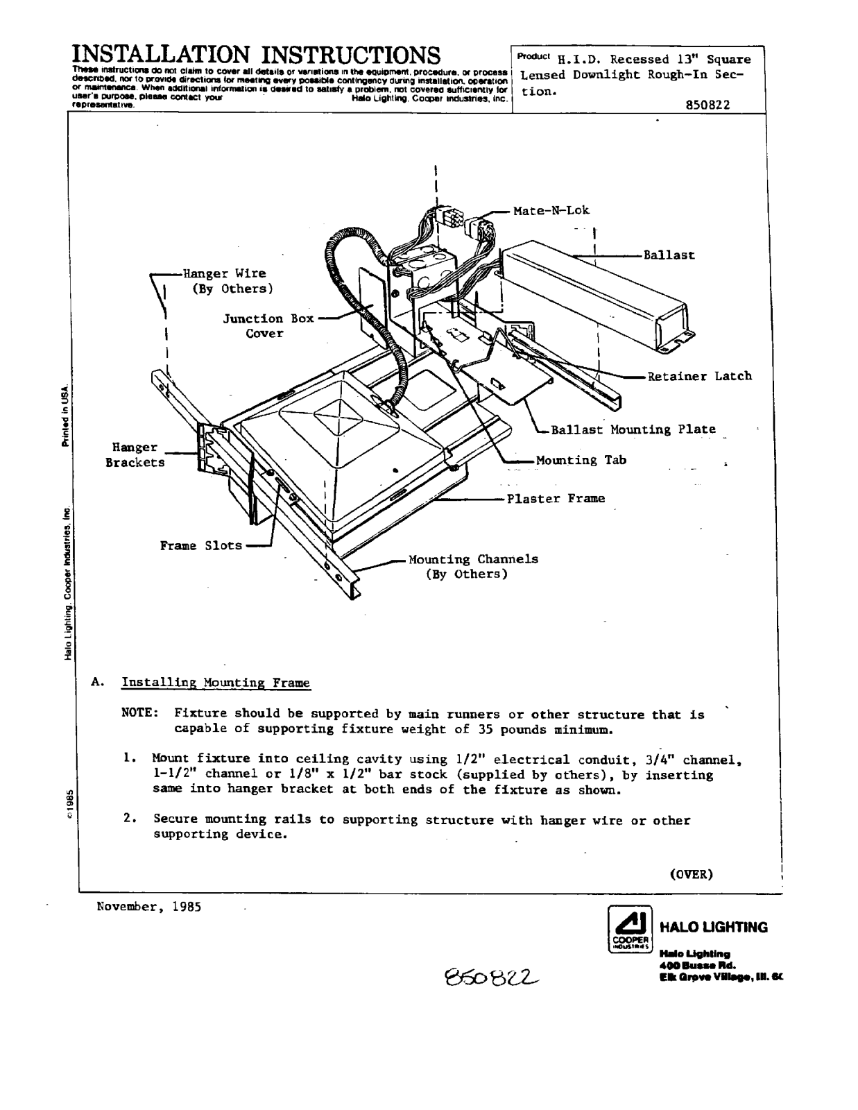 Cooper Lighting 850822 User Manual