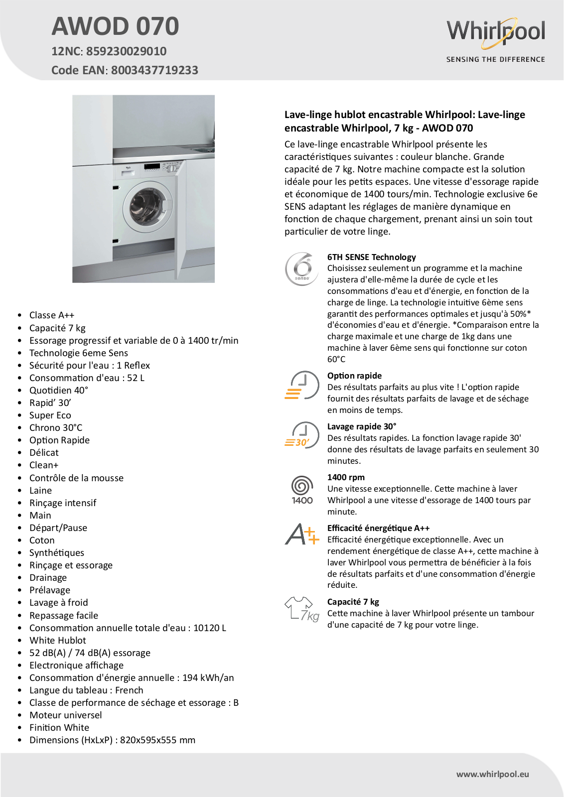 Whirlpool AWOD 070 Product information