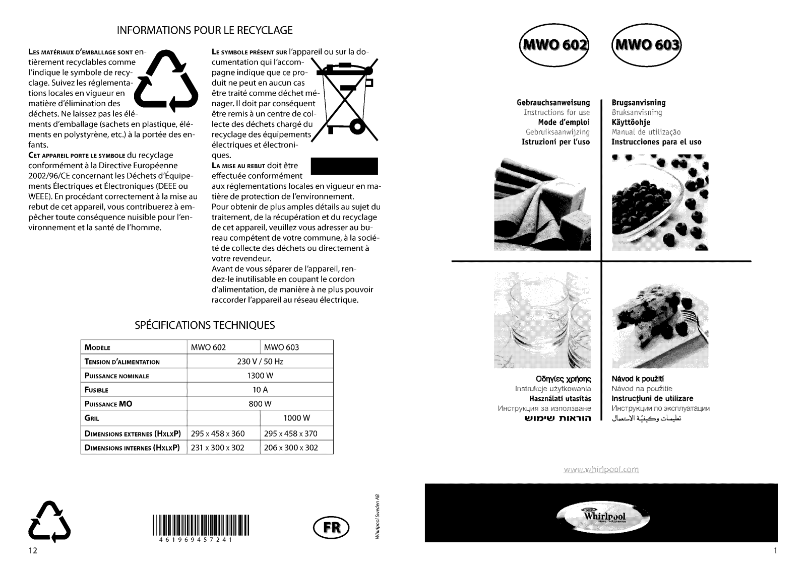 Whirlpool MWO 602, MWO 603 User Manual