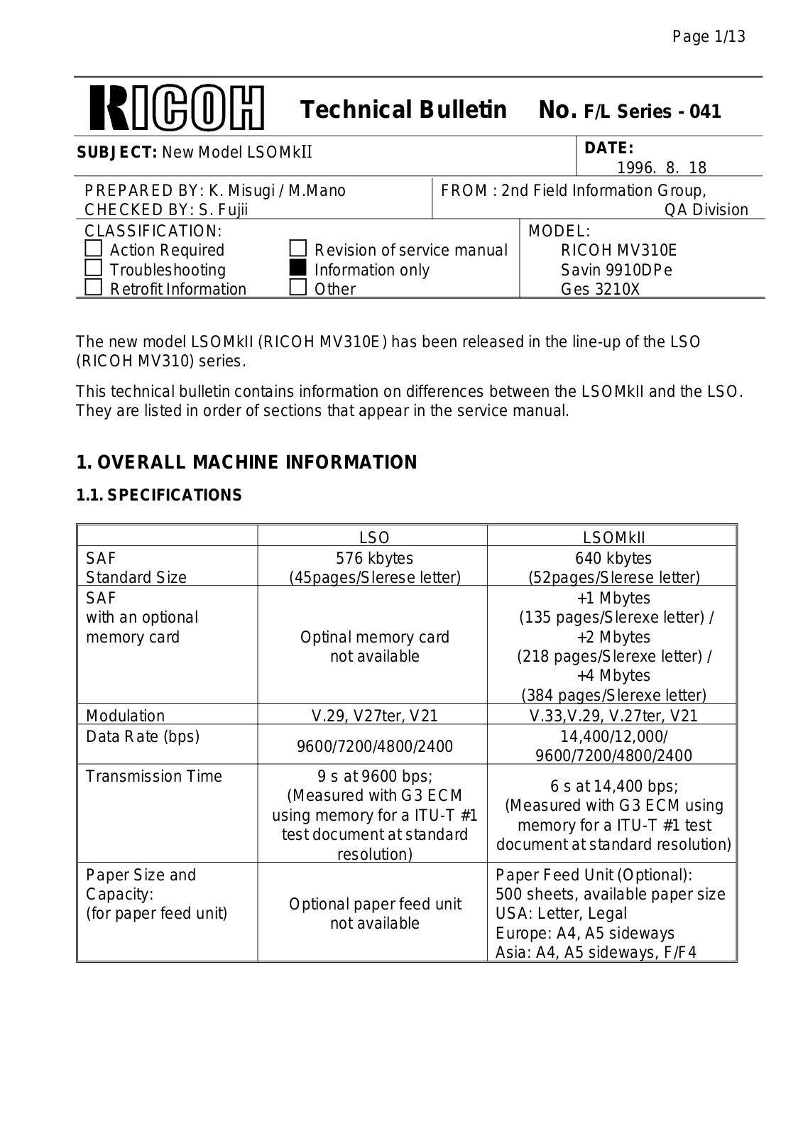 Ricoh FAX2700L SPECIFICATIONS 310MK2