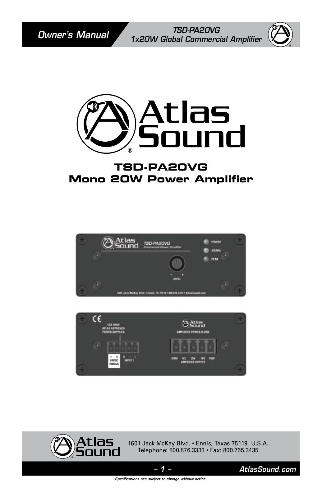 Atlas Sound TSD-PA20VG User Manual