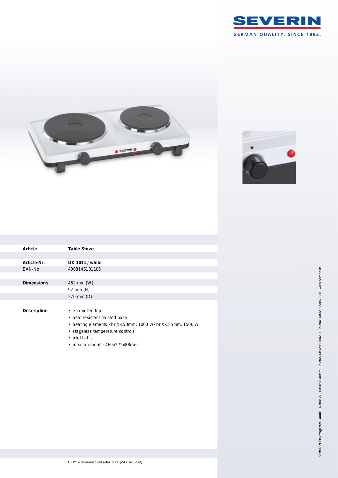 Severin TABLE STOVE, DK 1011 User Manual