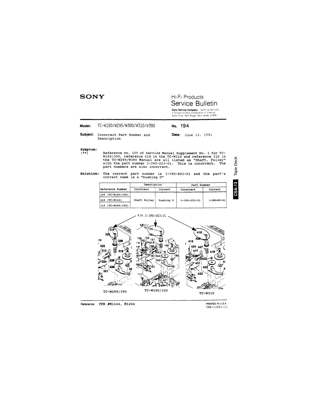 Sony TC-W190, TC-W295, TC-W300, TC-W310, TC-W390 Service Manual