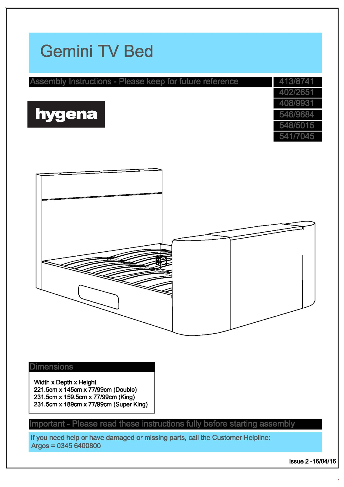 Argos 5417045, 5469684, 5485015 ASSEMBLY INSTRUCTIONS