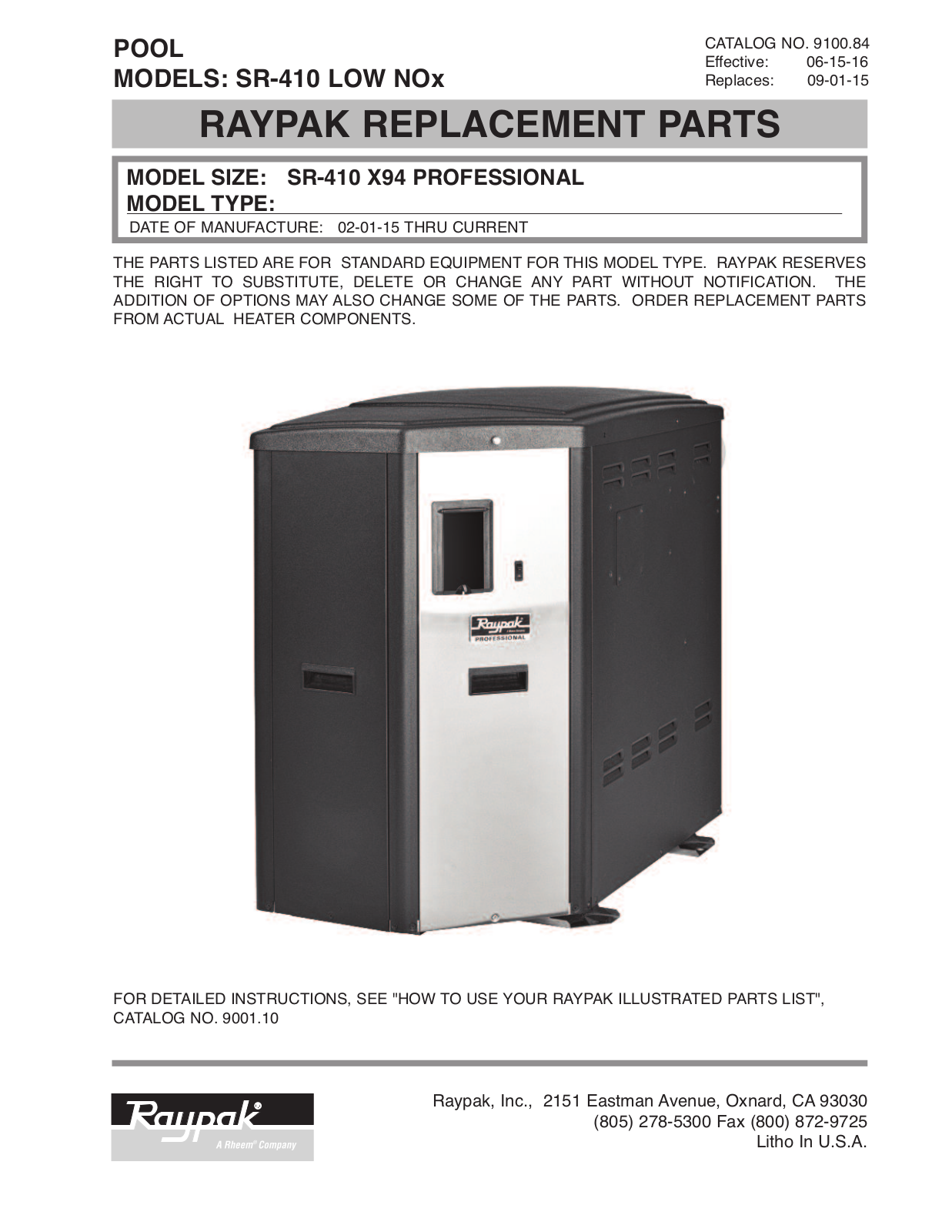 Raypak SR-410 Parts List