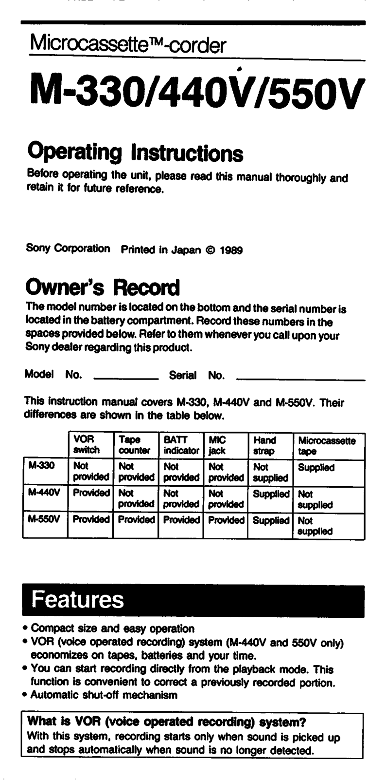 Sony M-550V, M-440V User Manual