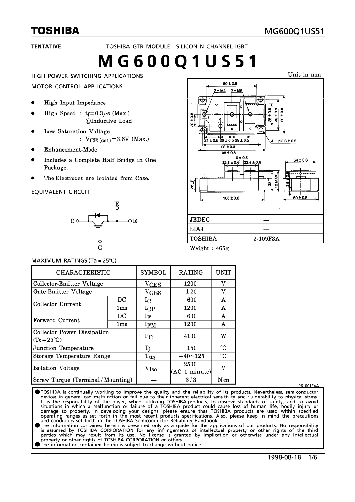 Toshiba MG600Q1US51 Datasheet