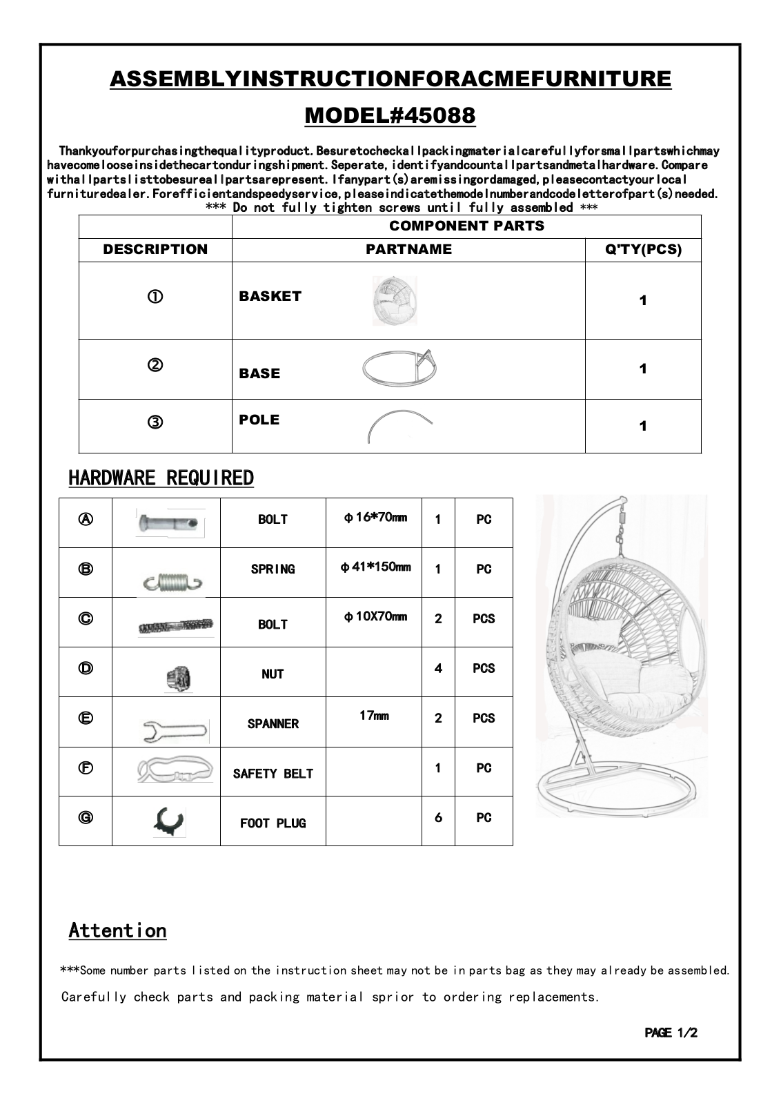 Aoche ACHE1635 Installation & Assembly - ManualMachine.com