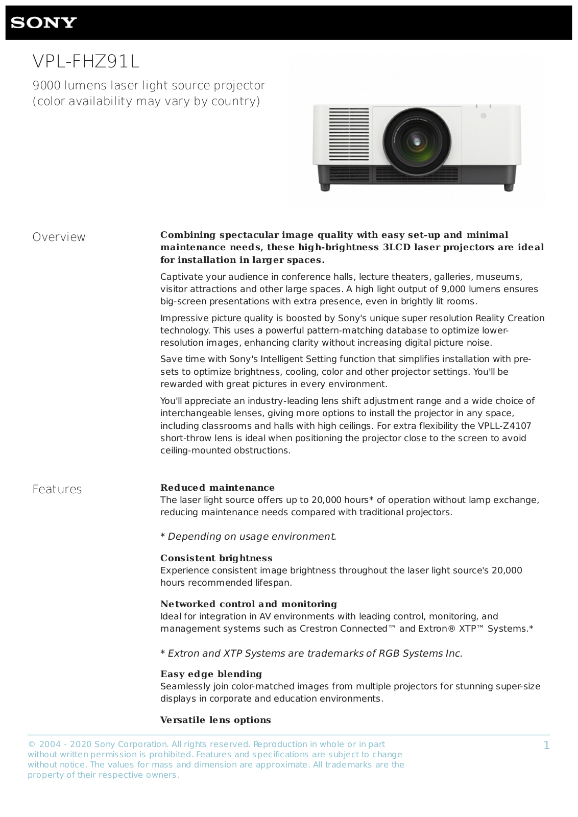 Sony VPL-FHZ91L Product Sheet